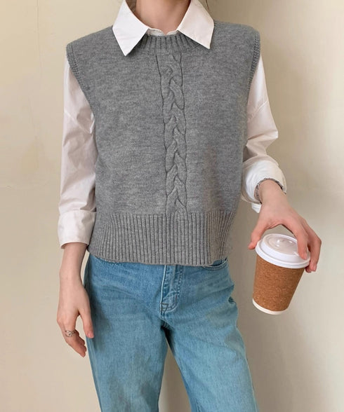 ケーブル編み ニットベスト バックボタン ニットジレ レディース ノースリーブ ニットトップス 大人 重ね着 ベストセーター カジュアル レイヤードベスト お洒落 24TPS-054